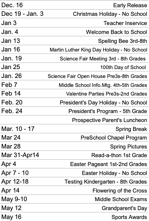 School Calendar — St. John's Episcopal School